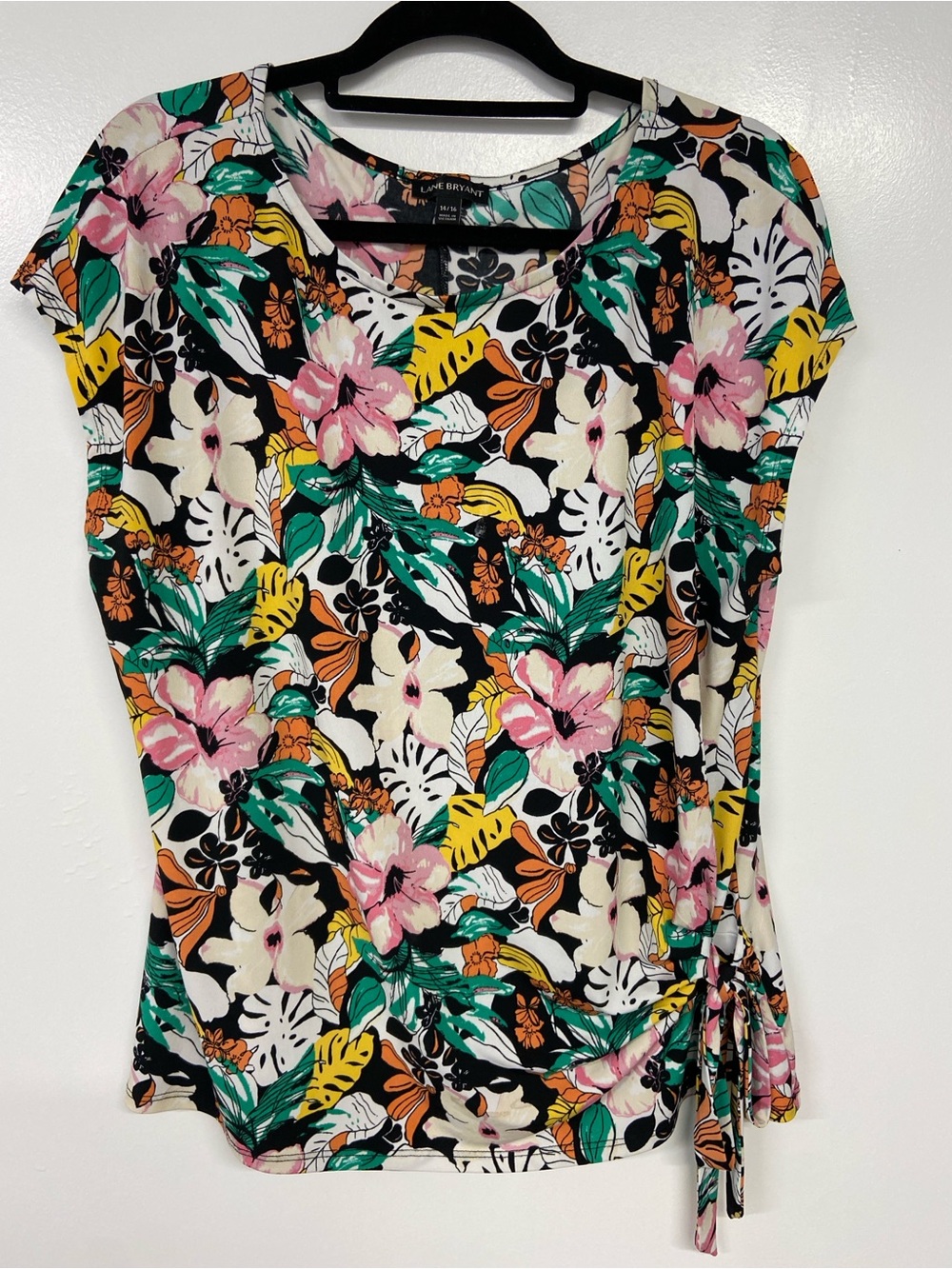Lane Bryant Floral Tie-Side Short Sleeve Top - Black/Multi